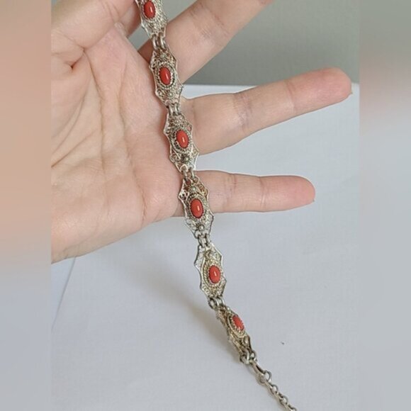 Vintage Antique Boho Sterling Silver Red Coral Cabochon Filigree Chain Bracelet - Picture 12 of 15